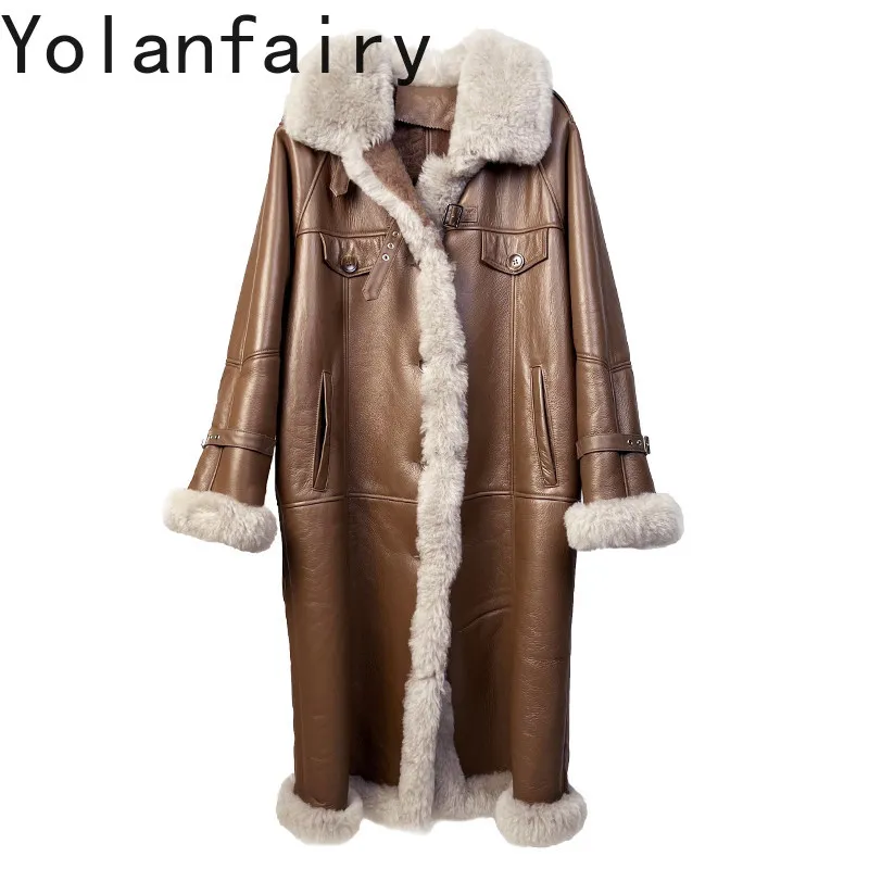 

YOLANFAIRY Элитное женское пальто из натурального меха, роскошная зимняя куртка из натуральной овчины мериноса, теплая длинная шуба для женщин, элегантное.