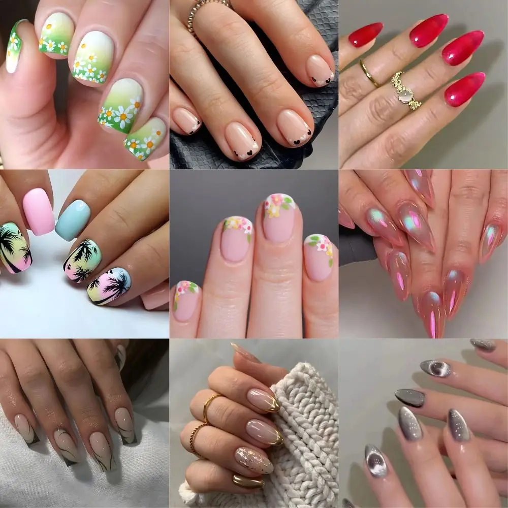 Faux ongles pailletés pour femmes et filles, 24 pièces/boîte, presse sur N64.Fake, paillettes, œil de chat, fleur, amour, couverture complète, français, lignes dorées