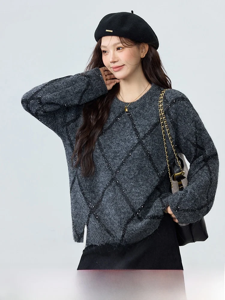 

Свободный свитер оверсайз для женщин, зимний, модный, с блестками и ромбовидным узором, вязаный, повседневный, с длинными рукавами, стандартный крой, толстый.