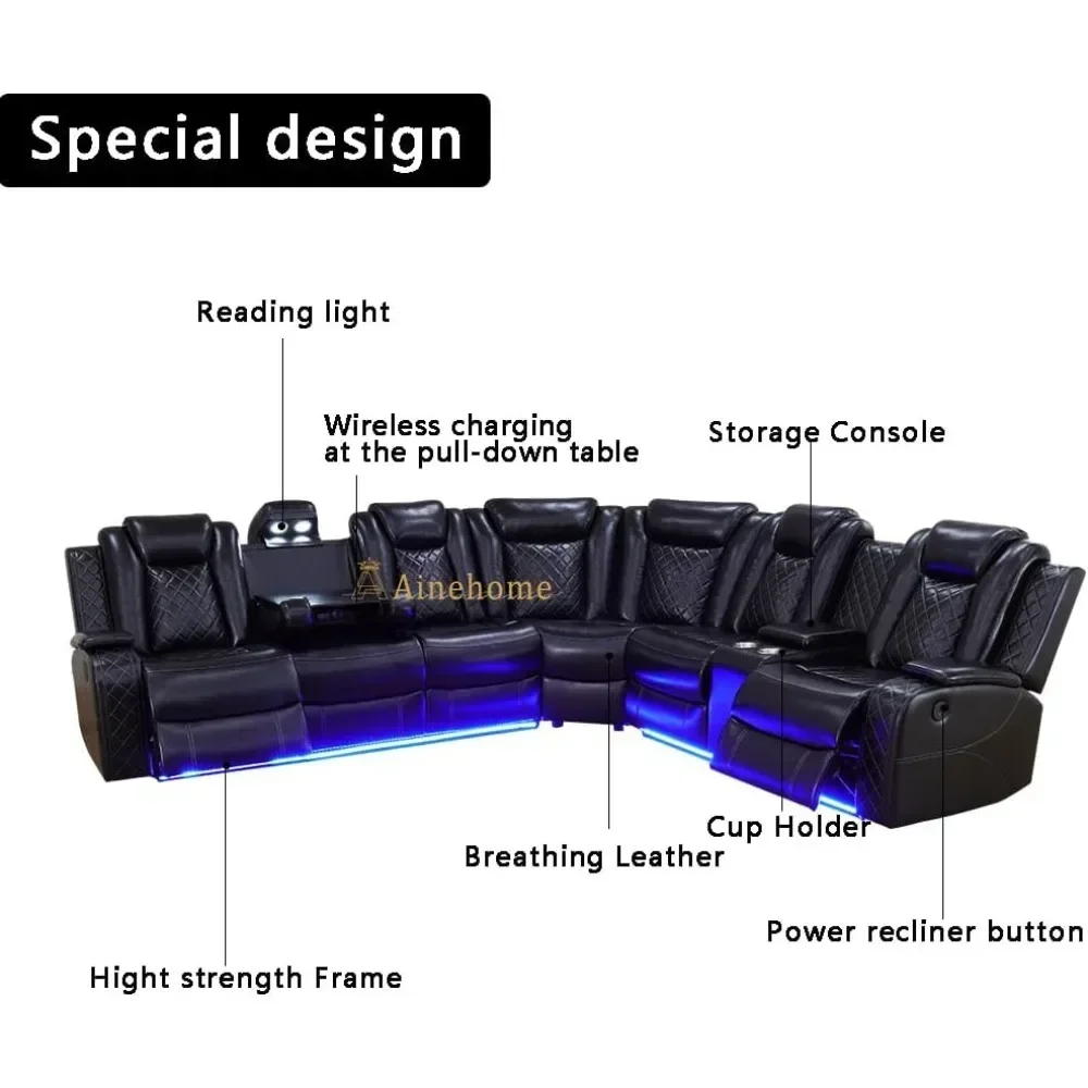 Power Recliner Set, Leather Sectional Sofa Set for Living Room,with LED Lights,Cup Holder, Hide-Away Storage Home Theater sofa