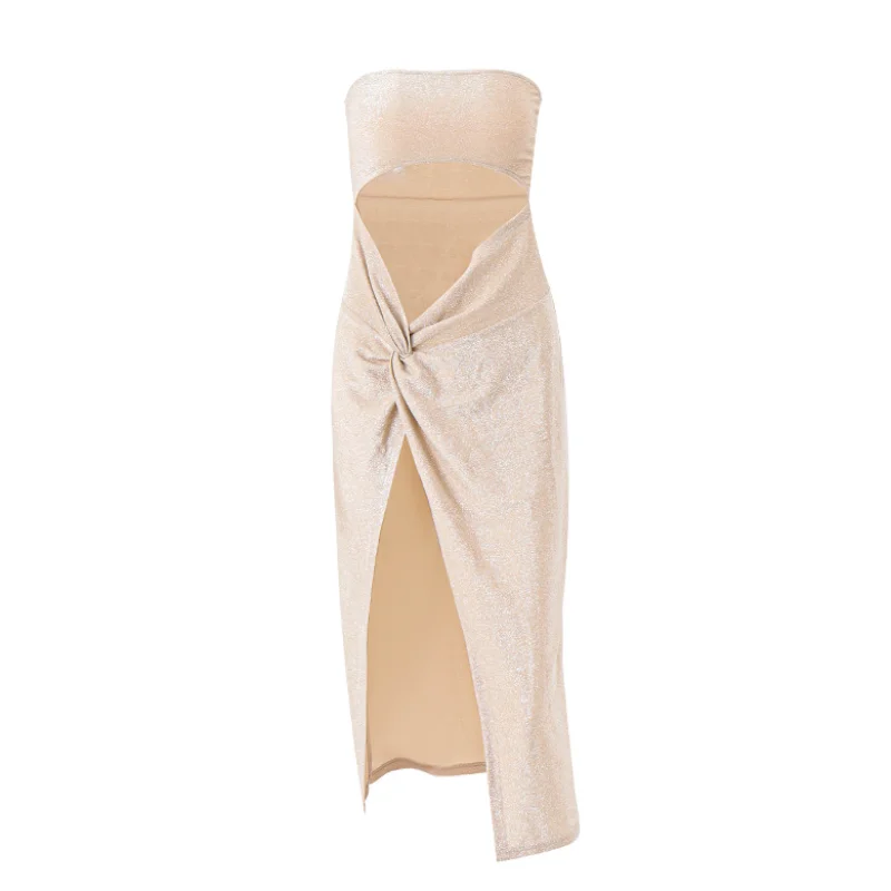Lunaria Vrouwen Pailletten Sexy Jurk Strapless Uitgesneden Bodycon Hoge Split Lange Jurk Zomer Party Club Elegante Chique Jurken Vrouwelijke