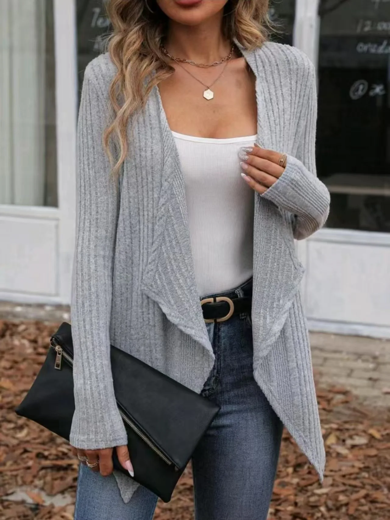 

Women's Ribbed Knit Cardigan Open Front Waterfall Hem Long Sleeve Loose Casual Knitwear Coat Fall Winter 2026 New Solid Gray Sof