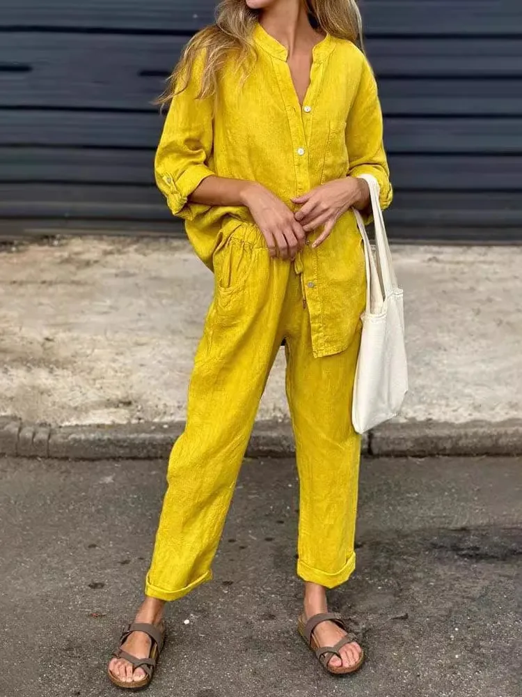 

Модные хлопковые и льняные однотонные комплекты из двух предметов для женщин, весна-лето, рубашка с v-образным вырезом, топ, свободные широкие брюки, костюм для женщин