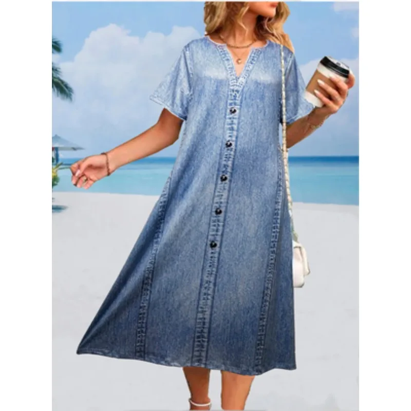 Spring/summer plus-size casual dress Anti-denim print short-sleeved V-neck micro-stretch dress with pocket