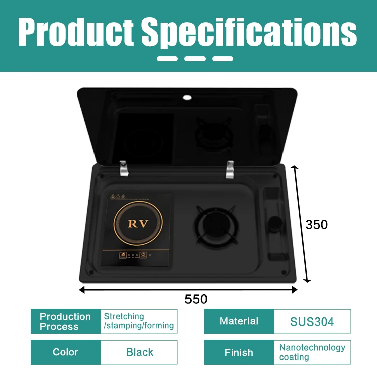 JDA Black Coating SS304 Built-in RV Gas Burner and Induction Cooktop Cooker Combine for Camper Van RV Caravan Motorhome