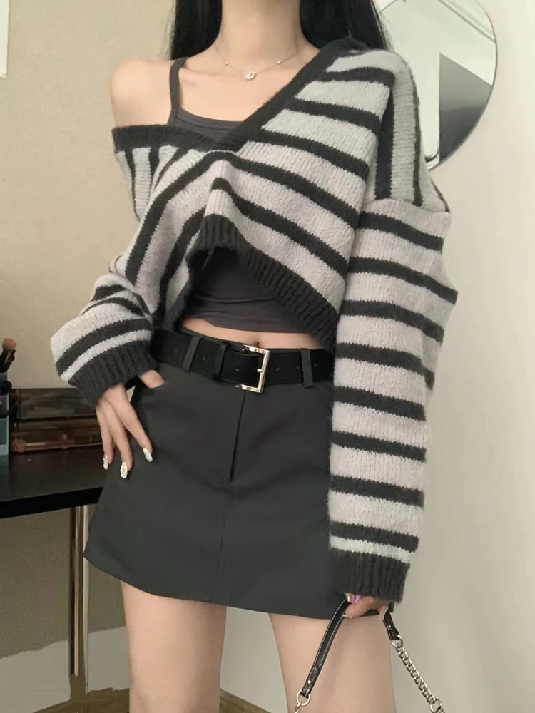 Chic Sexy Women Slim Outfits 2 Piece Set V-Neck Striped Crop Tops Fake Two Pieces Long Sleeve + A-Line Mini Skirts High Street