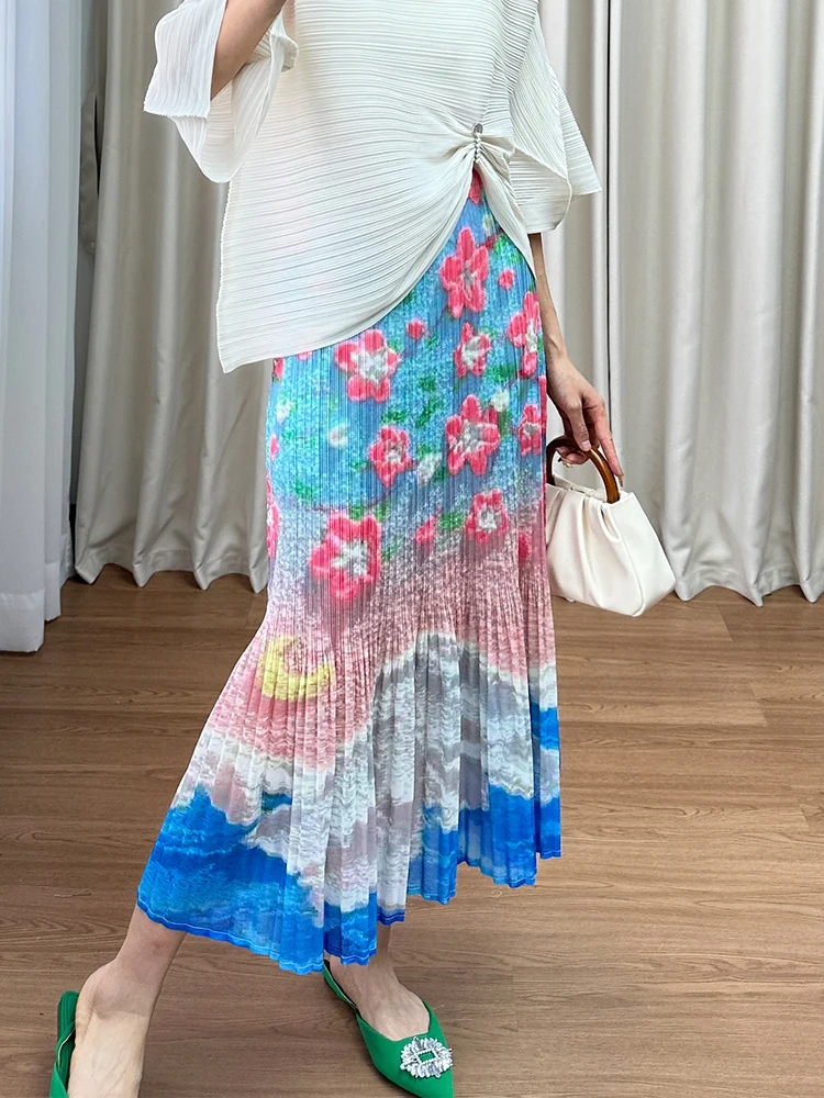 

Casual High Waist Women's Skirt Fashionable Vintage Print Pleated Spring Summer New Style Silk Blend Straight Cut Skirt