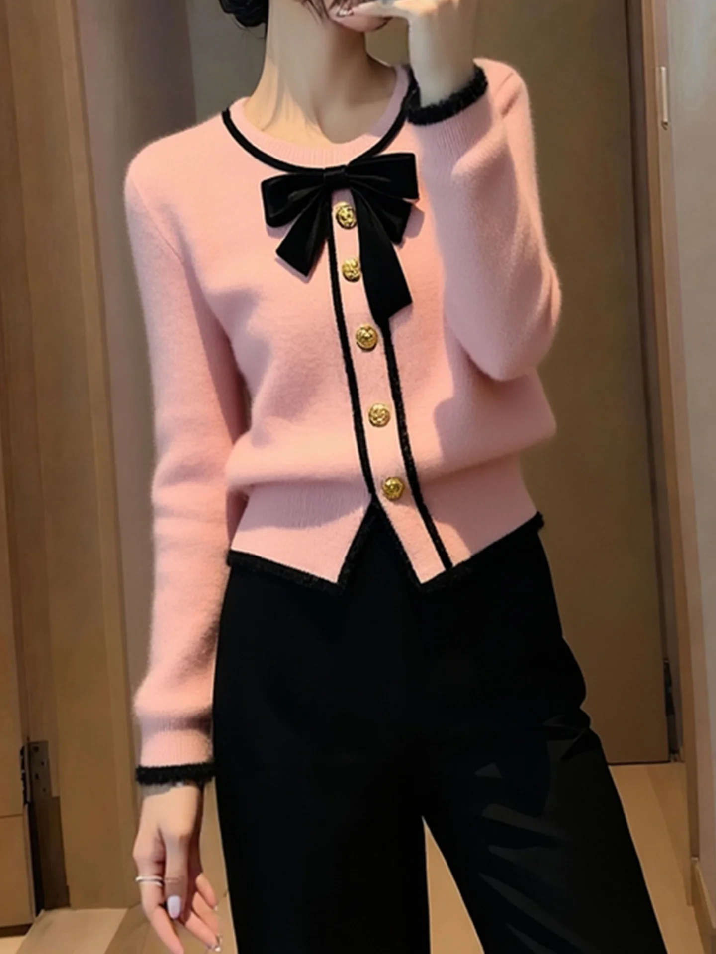 Trendy Color Blo  Knot Camere Knitted Sweater Long Sve Casual Winter Top Sweet Youthful Versatile Commute Sle