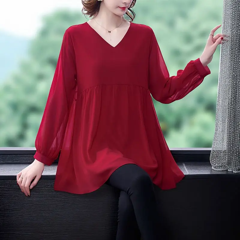 Women\'s Spring Autumn Fashion Elegant Solid V-Neck Pullover Chiffon Lace Temperament Versatile Long Sleeve Loose Mid Length Tops