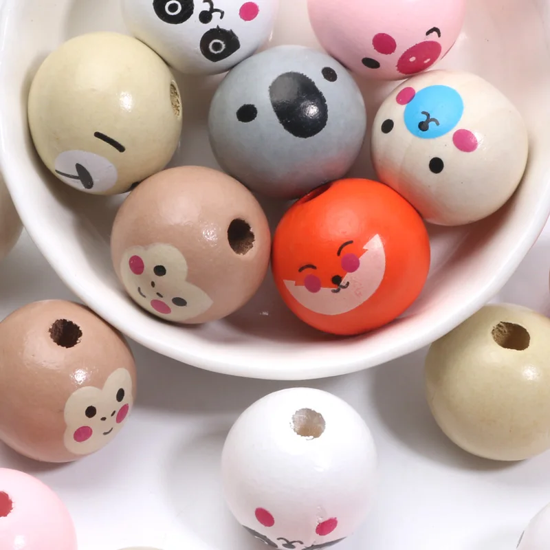 10pcs/lot 18mm Cute Animals Wooden Beads Round Spacer Wood Loose Beads For Diy Bracelet Necklace Jewelry Making Home Decoration