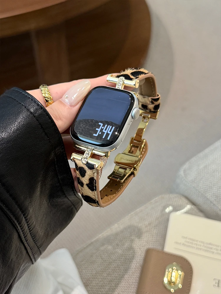 Cinturino in pelle di lusso per iWatch Ultra 10 9 8 7 6 5 4 cinturino sottile con stampa leopardata per Apple Watch 38mm 40mm 41mm 42mm 45mm 46mm 49mm