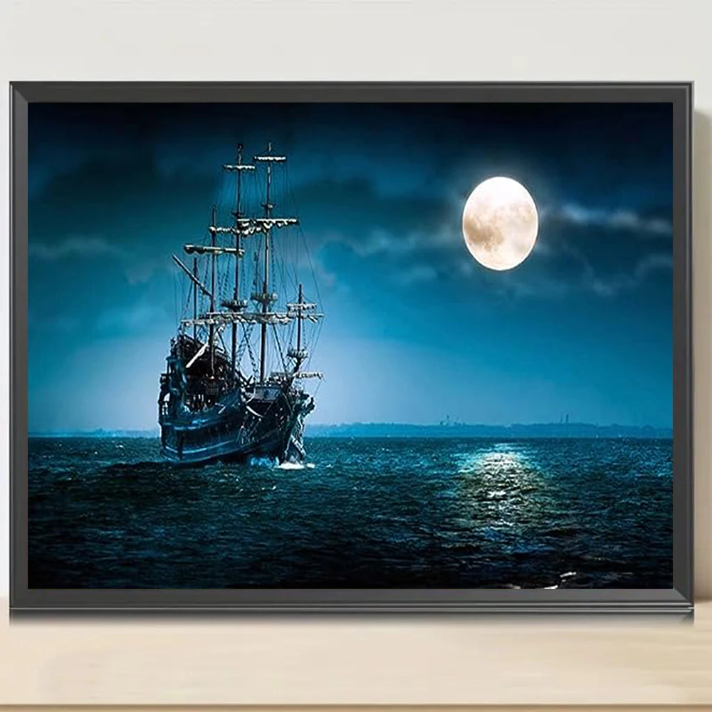 Juego de pintura de diamante DIY, mosaico de diamantes redondo completo con patrón de velero iluminado por la luna, regalo de decoración de pared del hogar