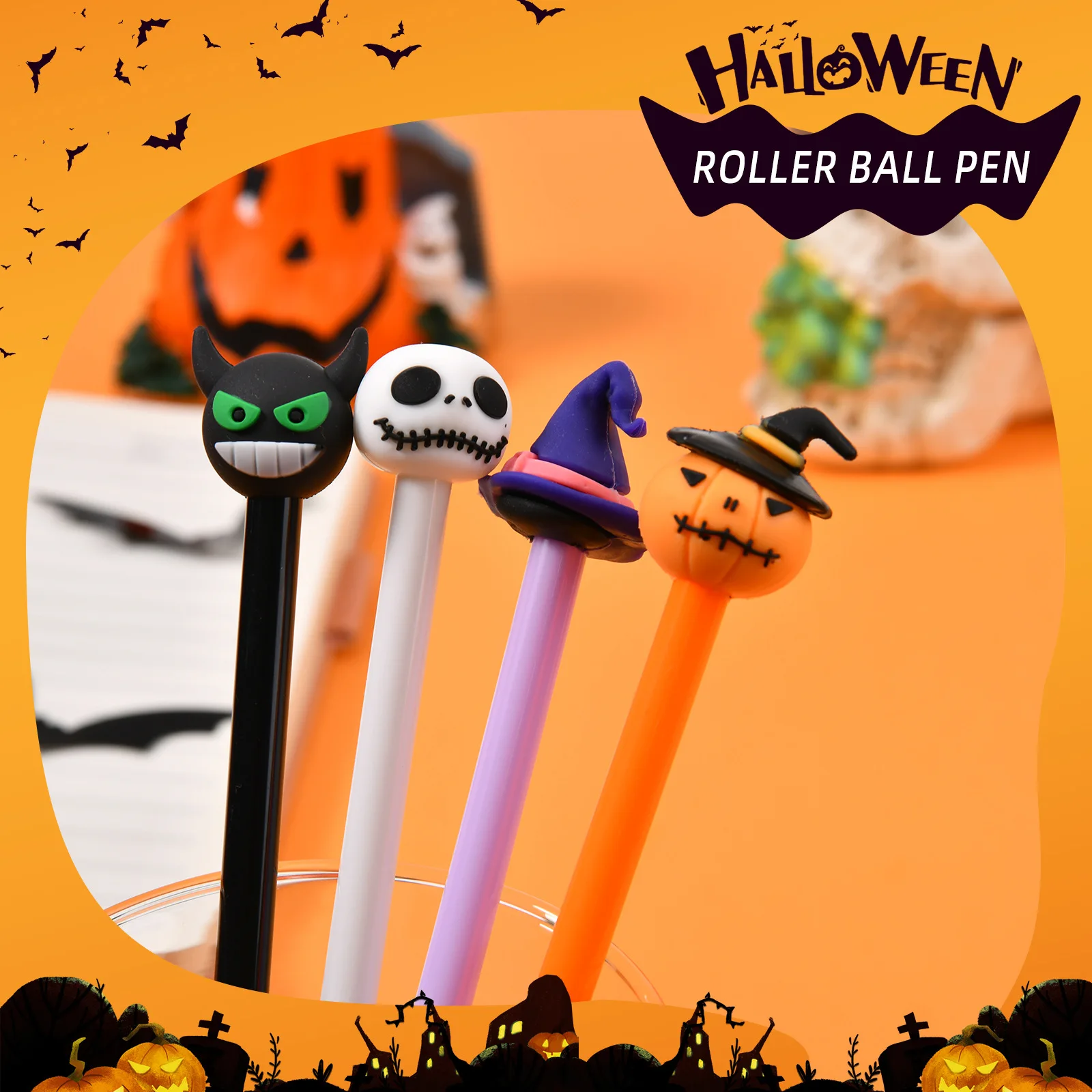 6/12/24/48 Stück Halloween Wackelstift Kreativer Kürbis-Leuchtstift Fledermaus-Geist Halloween-Party-Geschenke Schülerpreise Niedlicher Unterschriftenstift – Detail 2