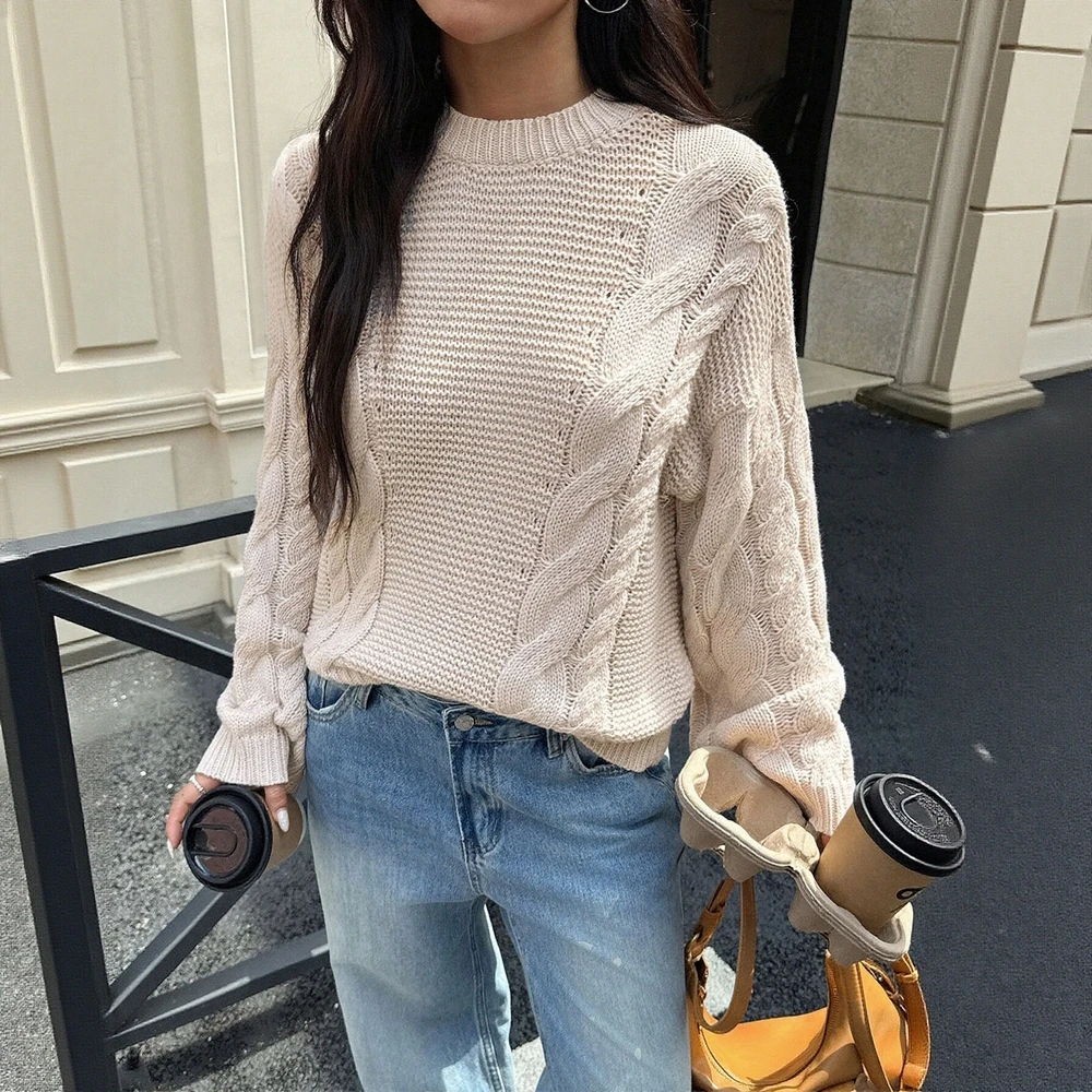 

Autumn Winter Long Sleeve Sweater Round Neck Fit Body Commute Style Women's Fashion Top Straight Tube Sleeve Decorations None