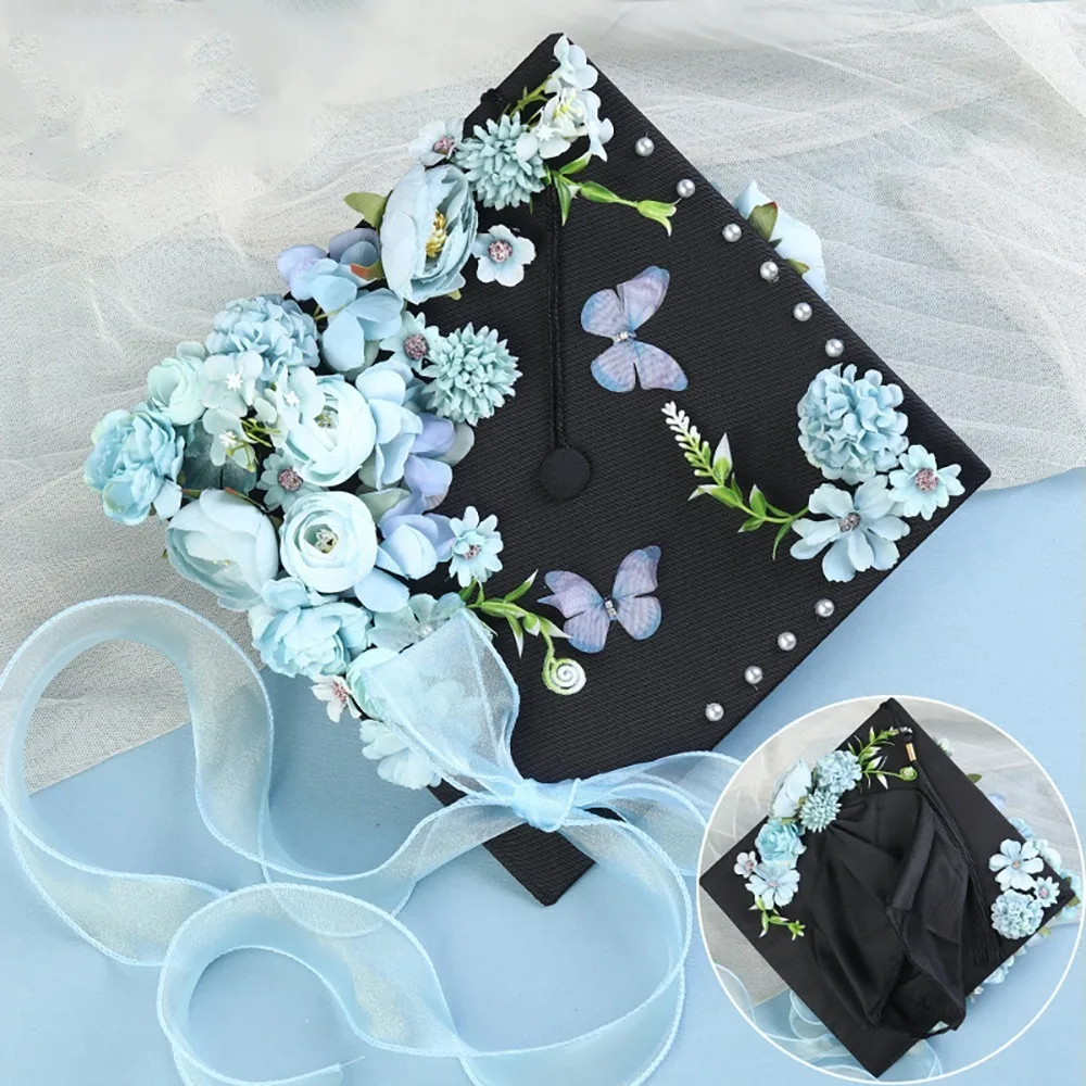 

Doctor DIY Flowers Graduation Cap Master Bachelor Academic Hat with Tassels Charm Ornament Adjustable Mortar Board College