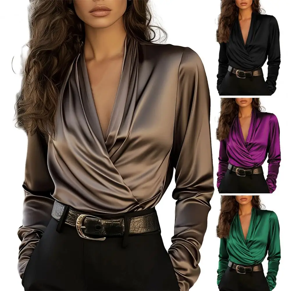 

Elegant V-Neck Solid Color Folds Blouse Women's Clothing 2025 Autumn New Oversized Casual Pullovers Loose Office Lady Shirt