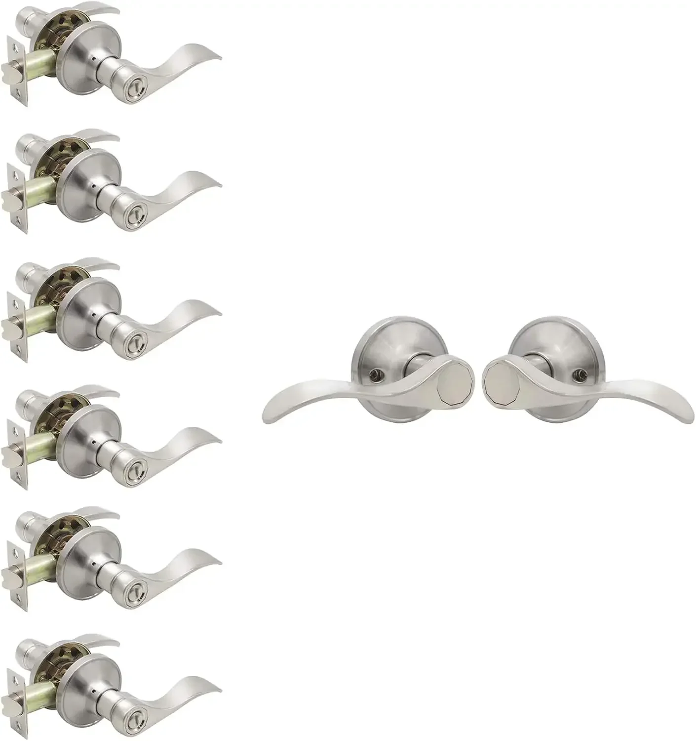 

6 Pack Privacy Door Levers and 1 Pair Dummy Door Levers Satin Nickel