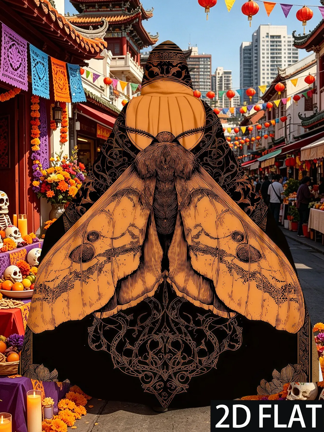 Men' Vintage European Moth Print Hooded Cape - Brown & Yellow Insect Costume Cloak Suitable for Halloween, Role Play Themed