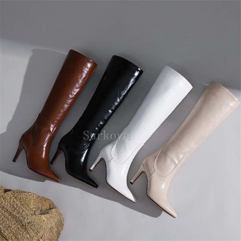 

Women's Knee High Boots Pointed Toe Stiletto Heels Booties Ladies Shoes Pu Leather Sexy Super Thin High Heel Ladies Long Boots