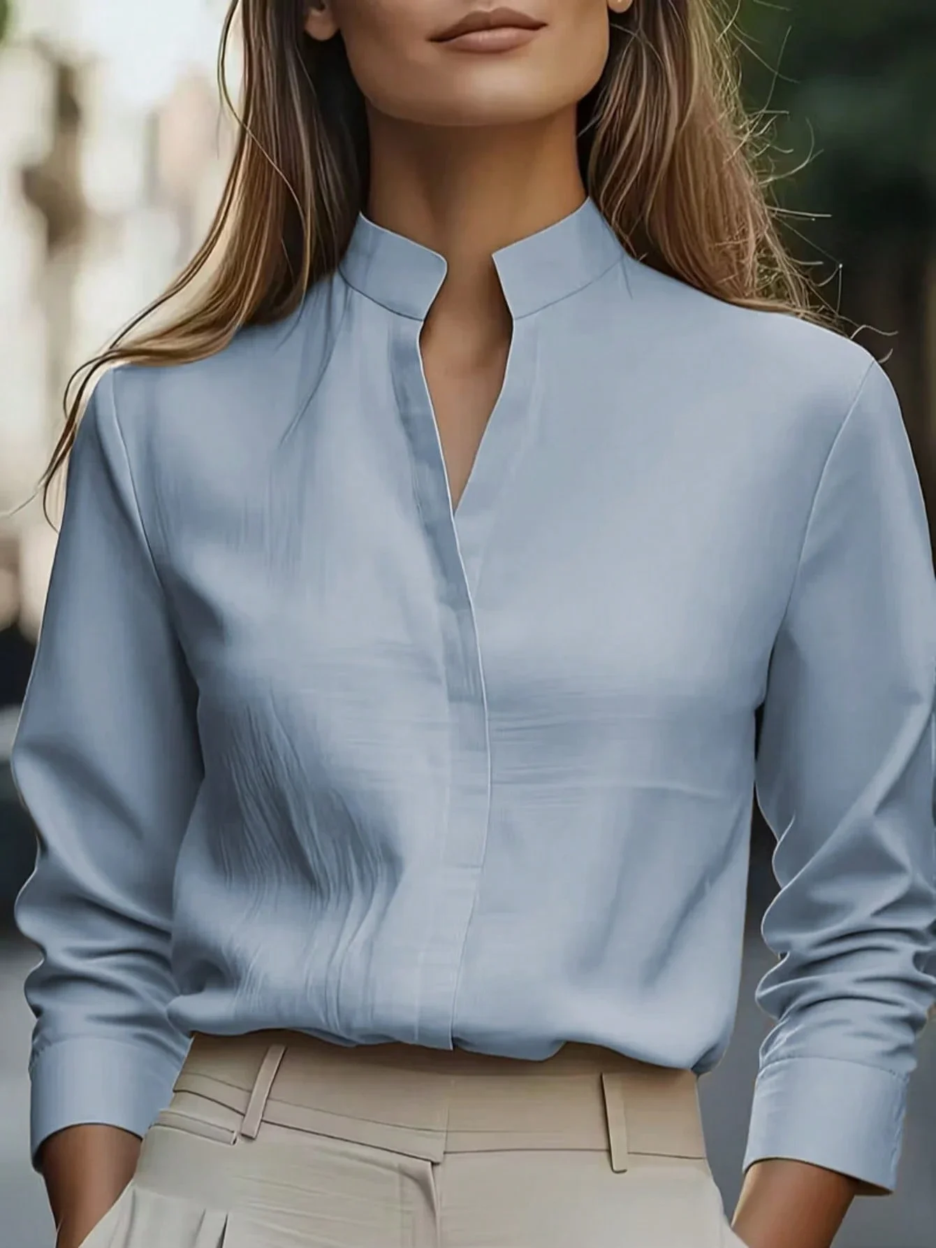 

Минималистичная однотонная блузка с длинным рукавом, приталенного кроя, с атласным воротником, элегантная офисная рубашка на весну