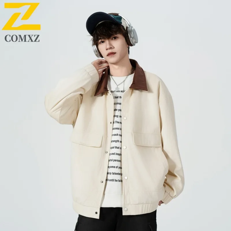 

COMXZ 2025 Men Women Notch Collar Work Jacket Korean Style Loose Fit Vintage Blue Color Block Casual Coat Fashion