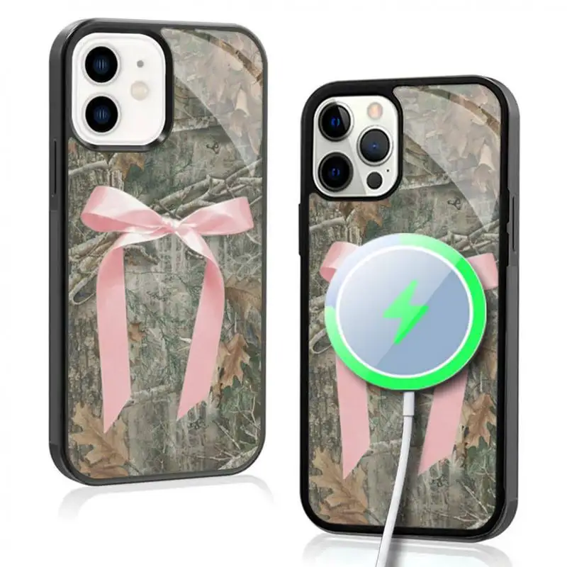

Pink Ribbon Camo Phone Case For IPhone 11 12 13 14 15 Plus Pro Max Mirror Acrylic Cover For Magsafe Wireless Charging