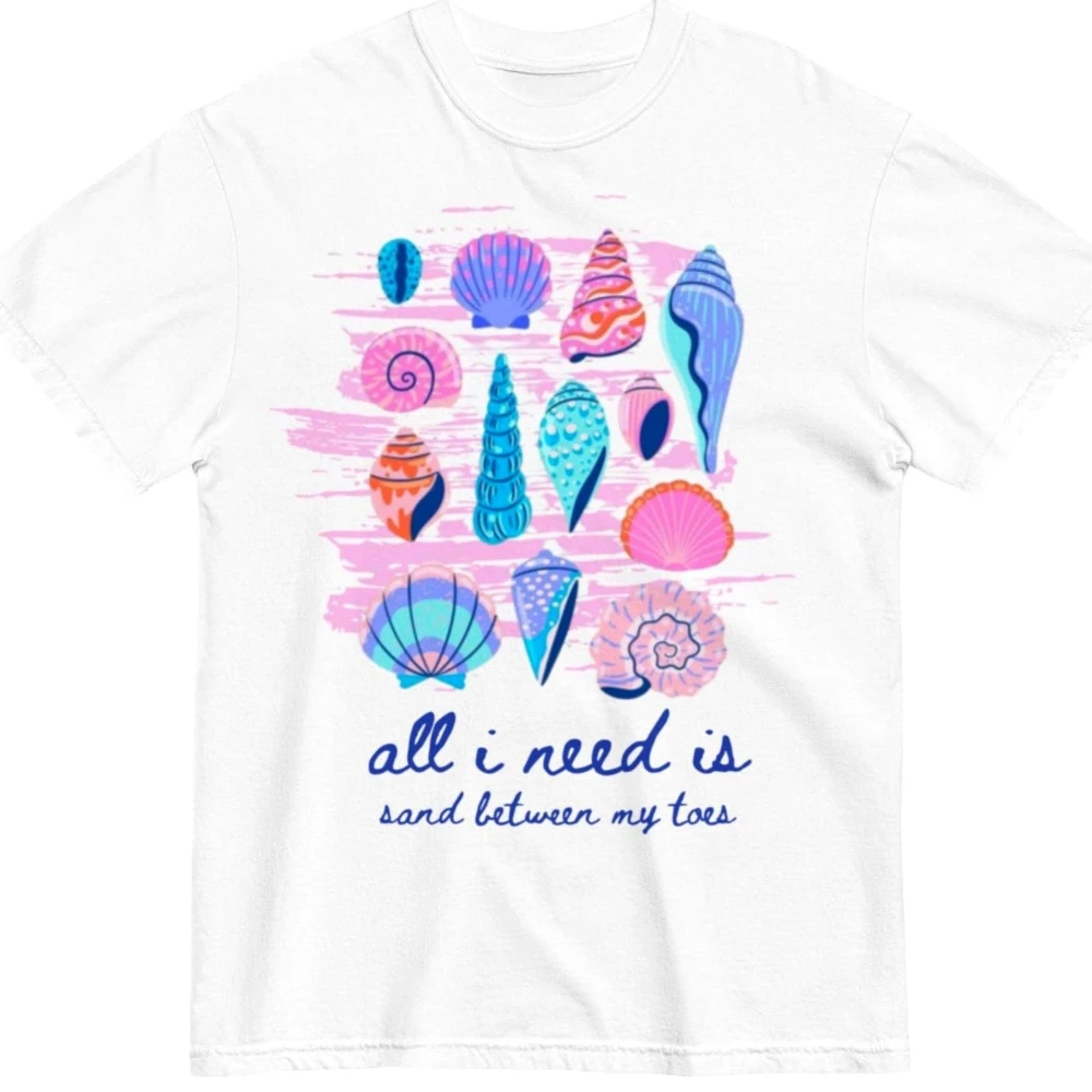 Pastel Seashell & Beach Quote Print T-Shirt for Women Cute Sand Between My Toes Summer Vacation Casual Cotton Tee Beach Vacation