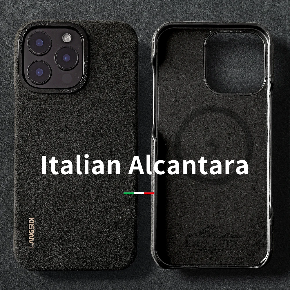 

Genuine Italian Alcantara for Magsafe Case for iPhone 15 16 Pro Max Suede Fur Supercar Leather Metal Frame Magnetic Back Cover