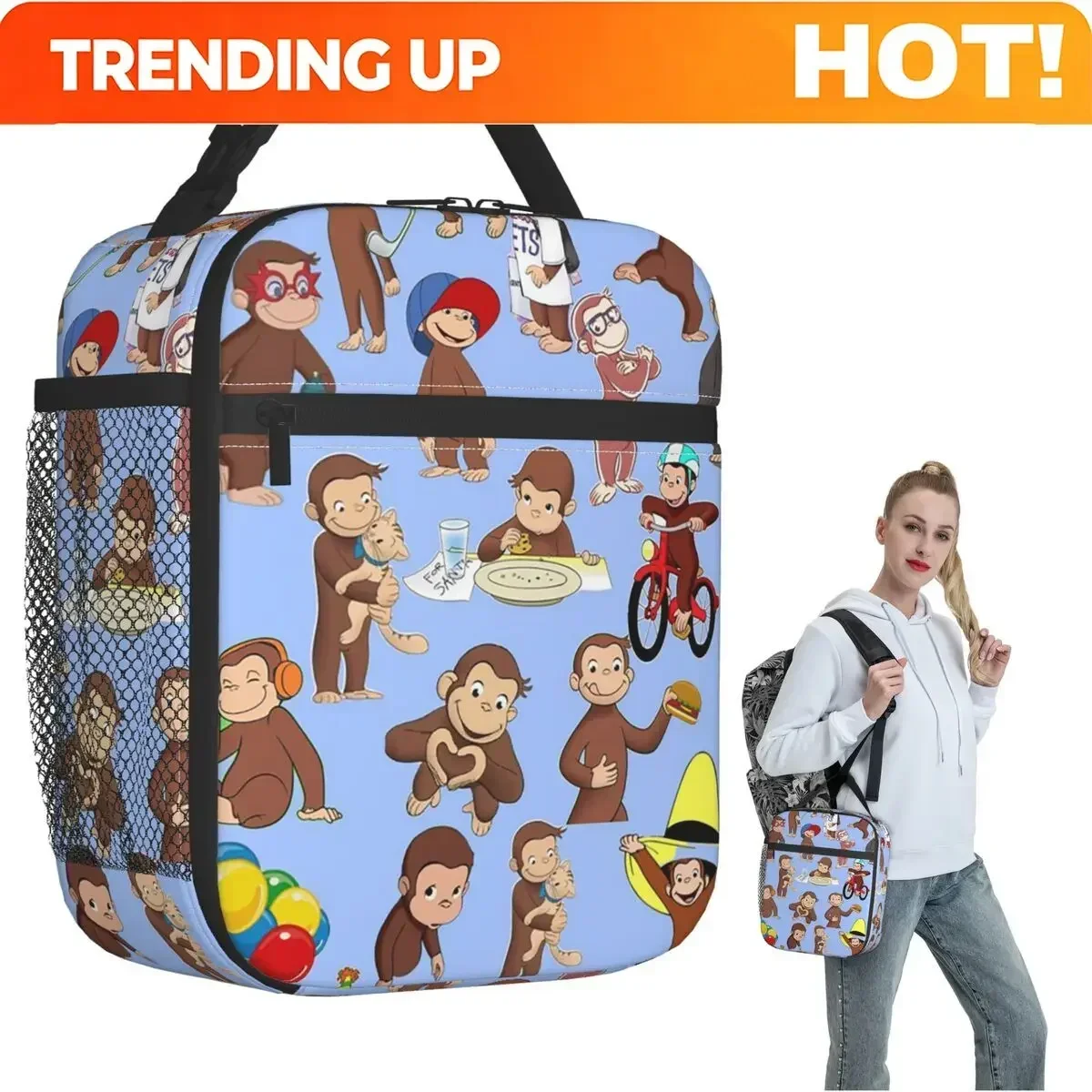 Custom Bag Custom Anime Curious George Monkey Insulated Lunch Bag For Women Children Leakproof Food Boxes Thermal Lunch Box Tote