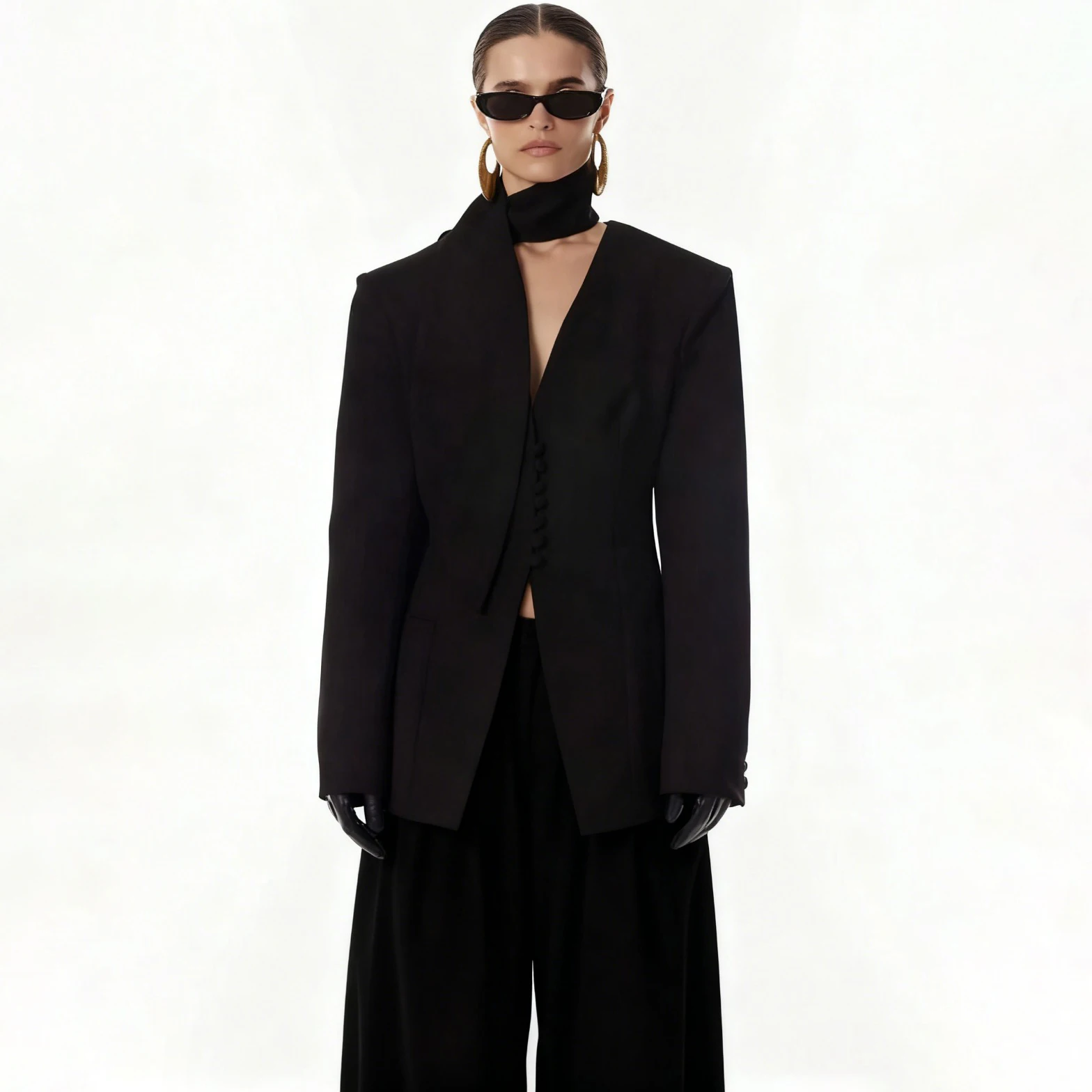 BJTZ Women's Single Pants piece Blazer Shawl Collar V-Neck set Single Breasted Wide  With Pockets Elegant Premium  Casual