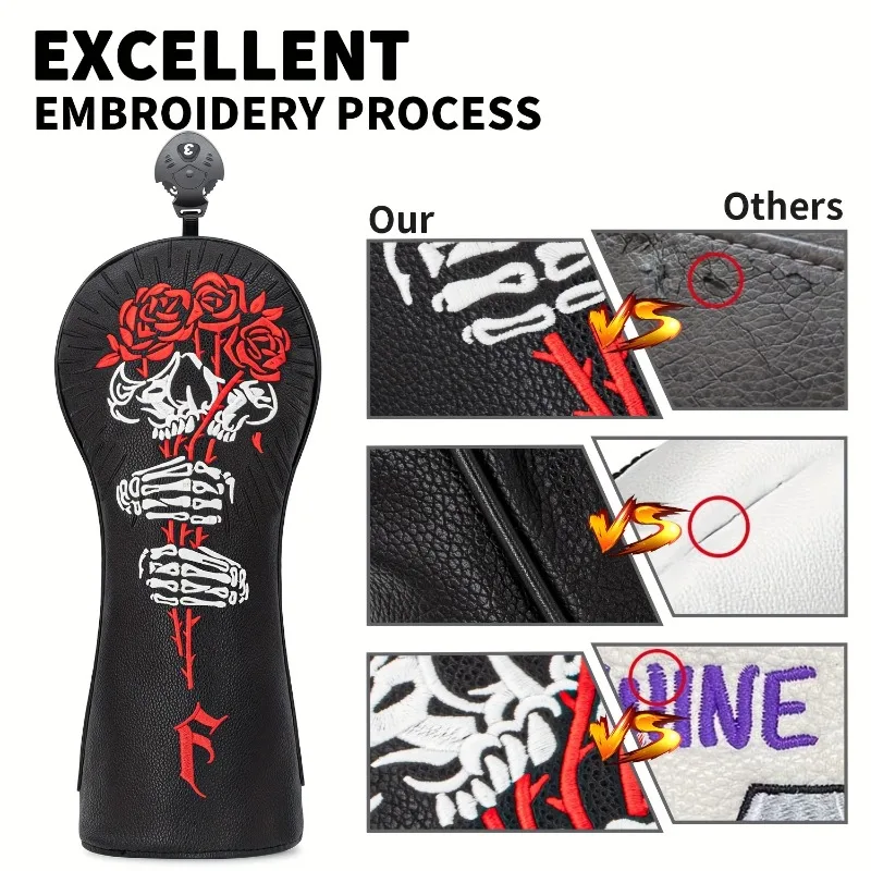 Golf head cover with rose and skull pattern design, golf club accessories, dust-proof and durable, protecting the ball head