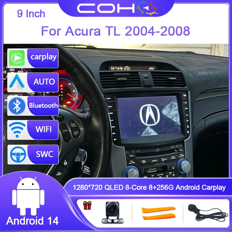 9 Inch For Acura TL 2004-2008 Android14 8-Core 8G+256G Car Multimedia Player Stereo Receiver Radio GPS 4G WIFI QLED Carplay Auto