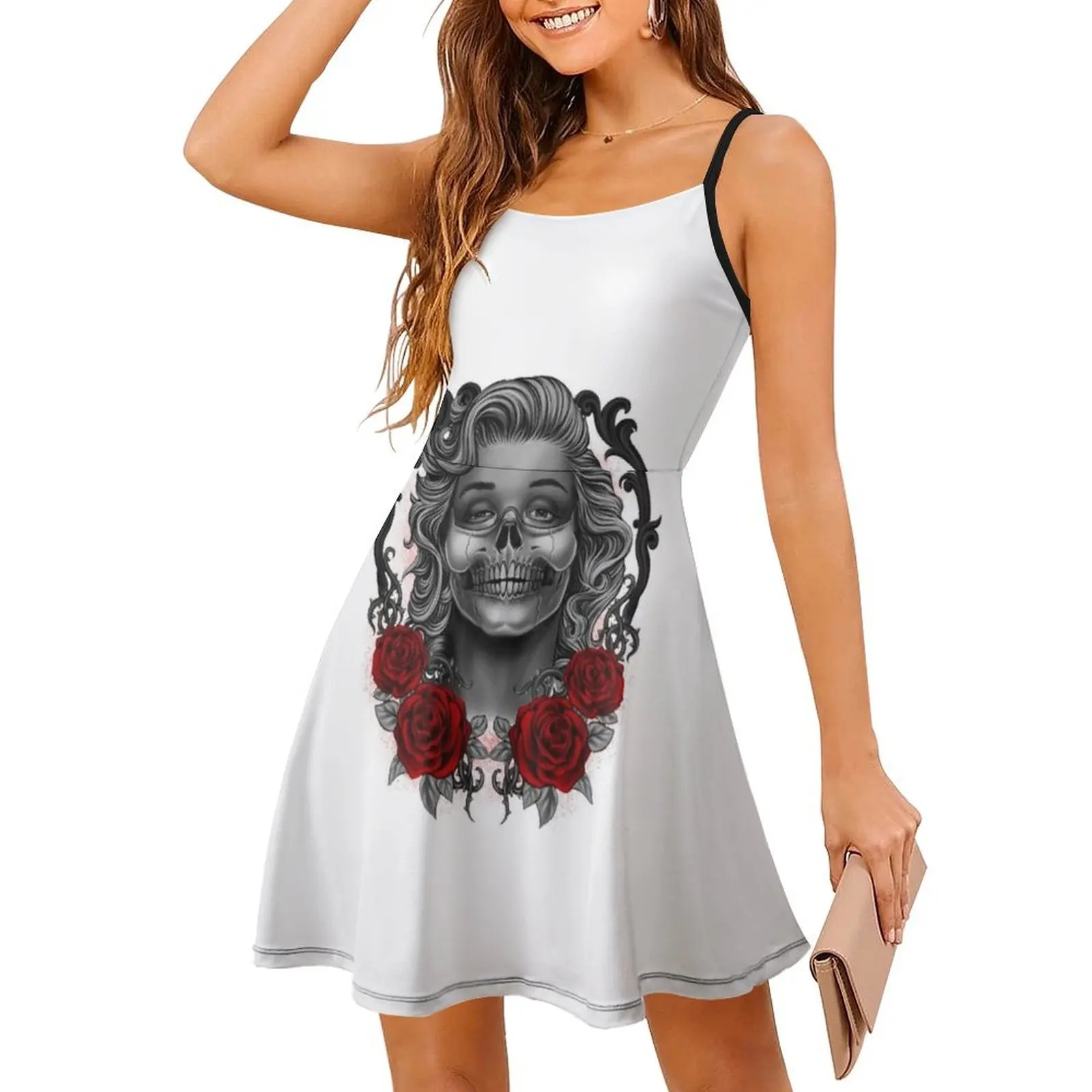 فستان كاجوال على الطراز الكوري على شكل جمجمة من Monroses للنساء فساتين بسيطة يومية للمكتب للسيدات على شكل جمجمة وزهرة وردية وشم مونرو للفتيات