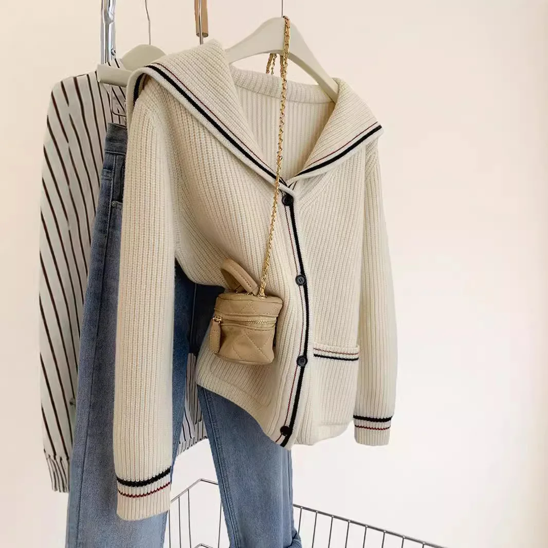 

Navy collar imitation raccoon velvet sweater jacket for women's spring and autumn 2025 new European lazy style knitted cardigan