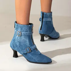 Extra Big Size 34-48 Demin Jeans Blue Brown Buckle Belt Design Mature Ladies Winter Pumps Shoes Kitten Heels Ankle Women Boots