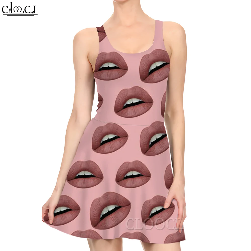 

CLOOCL Mini Dress Party Fitting Clothing Red Lips Printed Female Sleeveless Short Dress Women Harajuku Princess Dress Sexy