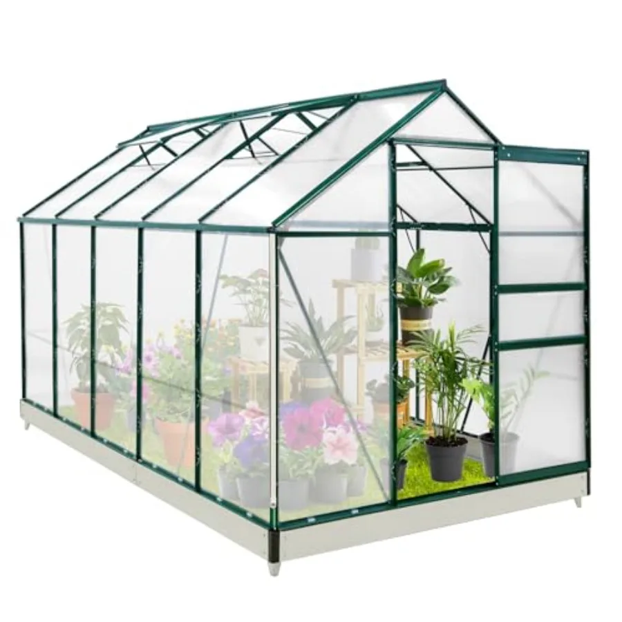 10x6x7 Outdoor Walk-in Hobby Greenhouse with Adjustable Roof Vent, Rain Gutter, Base and Anchor, Polycarbonate Aluminum Green H