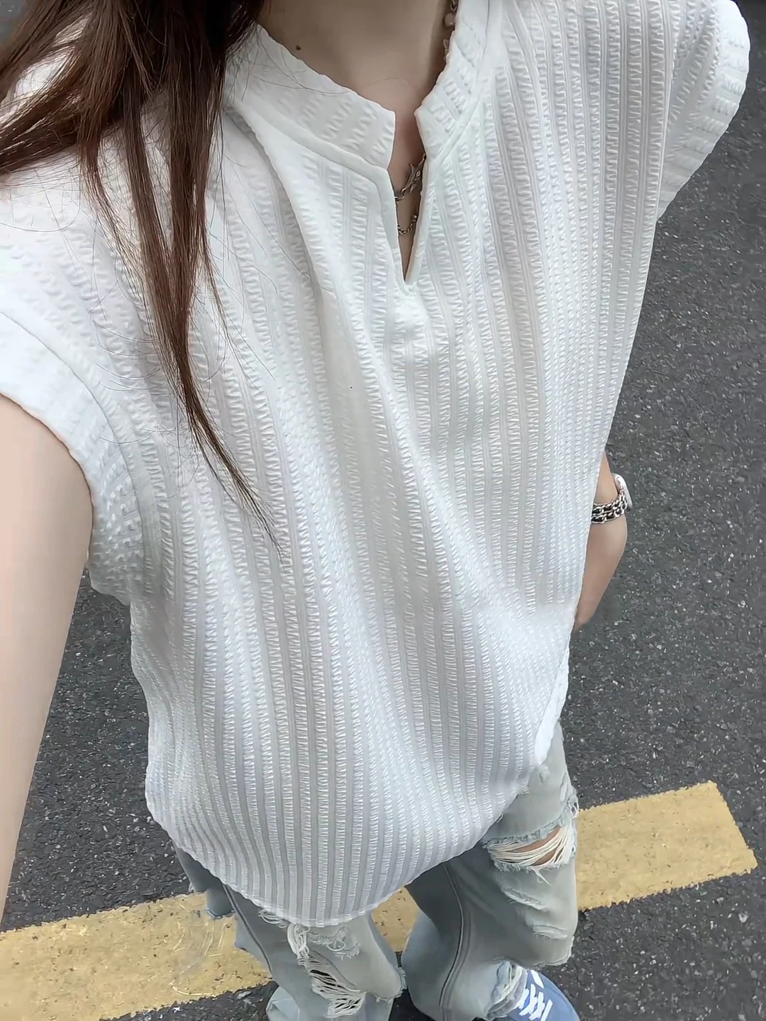 Cleanfit White Vest Men's Summer Trendy V-neck Texture T-shirt American High Street Couple Sleeveless Shoulder Pad