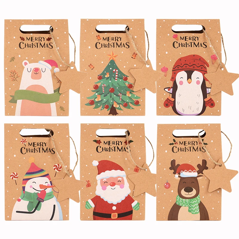 

6/12Pcs Christmas Candy Gift Box with Tag Kraft Paper Cookie Snack Packing Bags 2024 Xmas Party Home Decoration New Year 2025