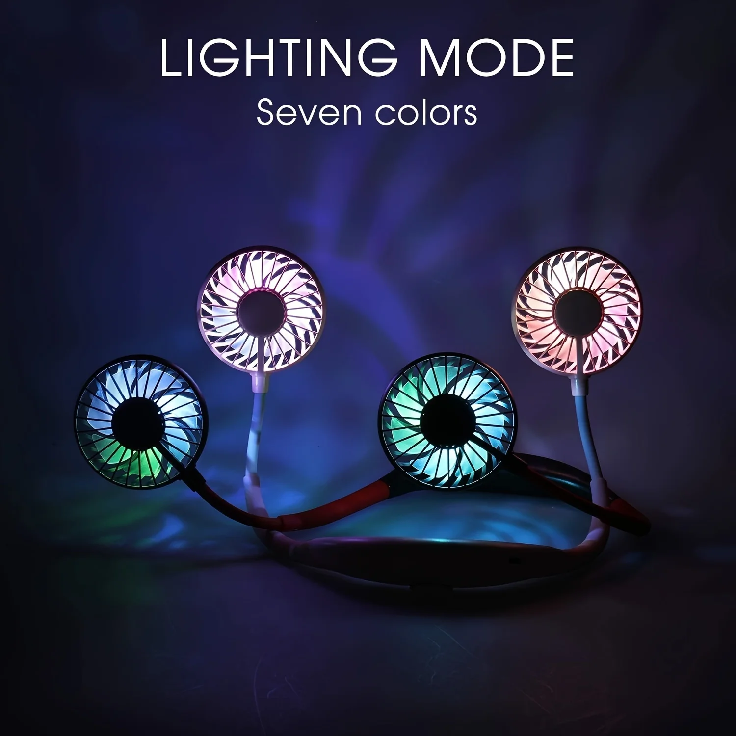 °   พัดลมคล้องคอแบบพกพาพร้อมไฟ LED เปลี่ยนสี อโรมาเธอราพี และการไหลเวียนของอากาศที่แข็งแกร่ง - แบตเตอรี่ลิเธียมแบบชาร์จไฟได้ ปุ่มควบคุม W