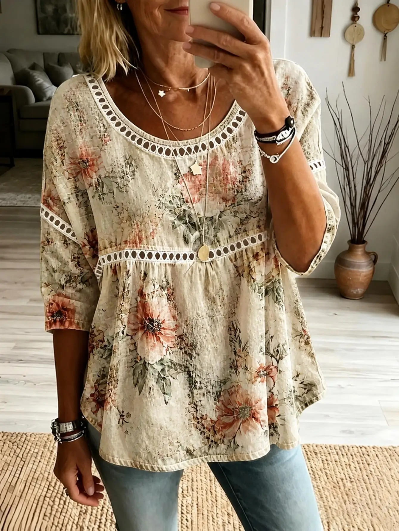 Women Plus Size Blouse 3D Floral Print Long Sleeve Loose Fit Boho Tunic Top