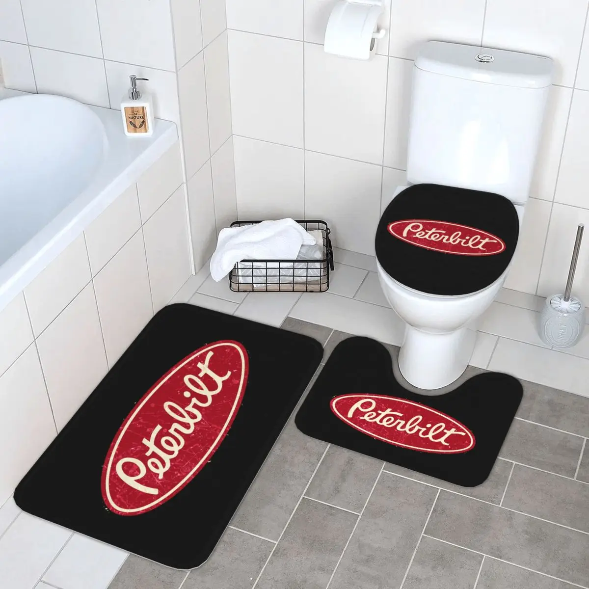 

Peterbilt Truck Racing Vintage 3 Piece Bath Mat Bathroom Set Toilet Lid Cover Home Decor Non-Slip Carpet Floor Rug