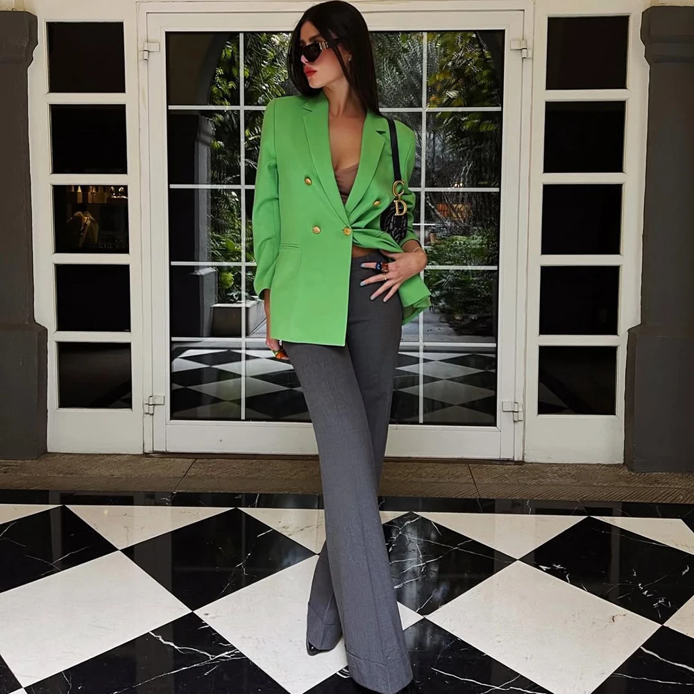 

Elegant Women's Suit 2Pieces with Notched Lapel Double Breasted Prom Slim Fit Blazer Business Green Jacket+Gray Pants Customized