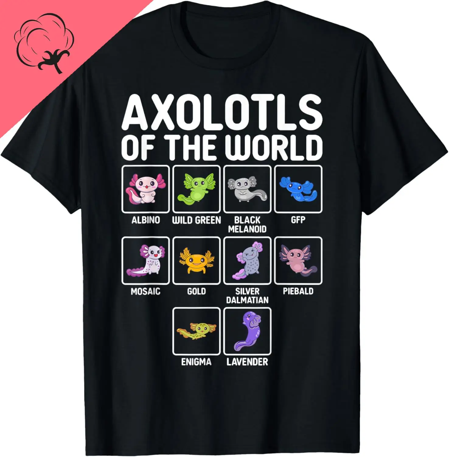 Axolotls of The World Kawaii Types of Axolotl Fish Amphibian T-Shirt Cute Tshirts Women Clothing Tops Cotton Kawaii Clothes