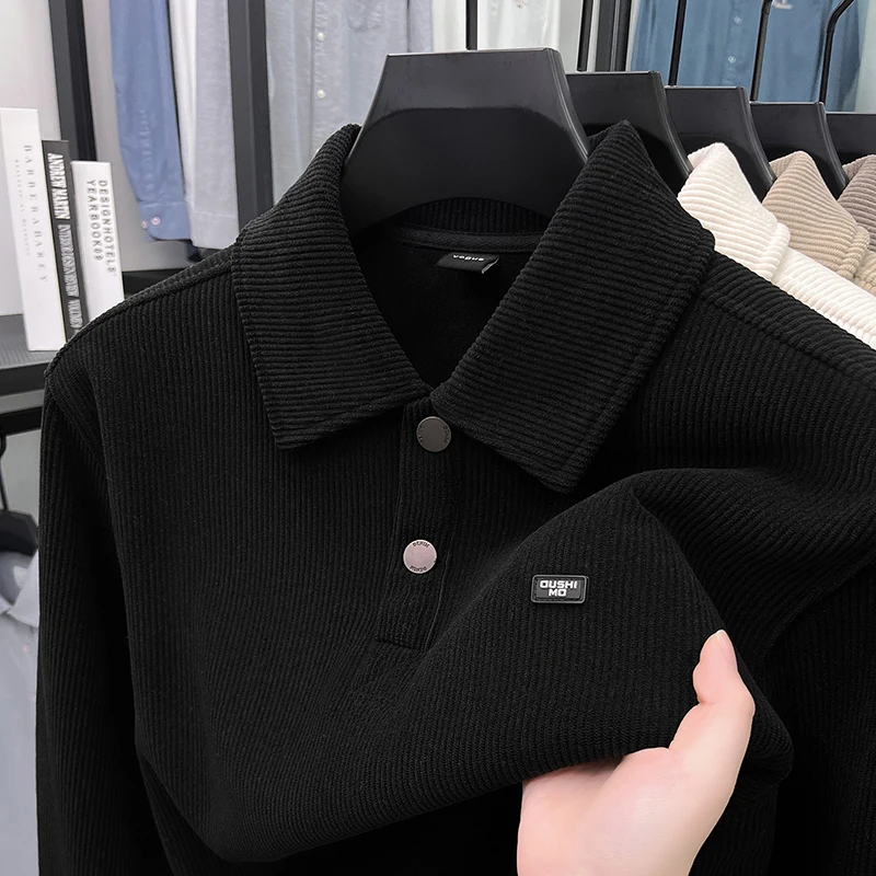 

Brand Design Man Long Sleeves T-Shirt Fleece-Lined Lapel Button Winter New Letter Print Pullover Comfortable Leisure Men's Wear