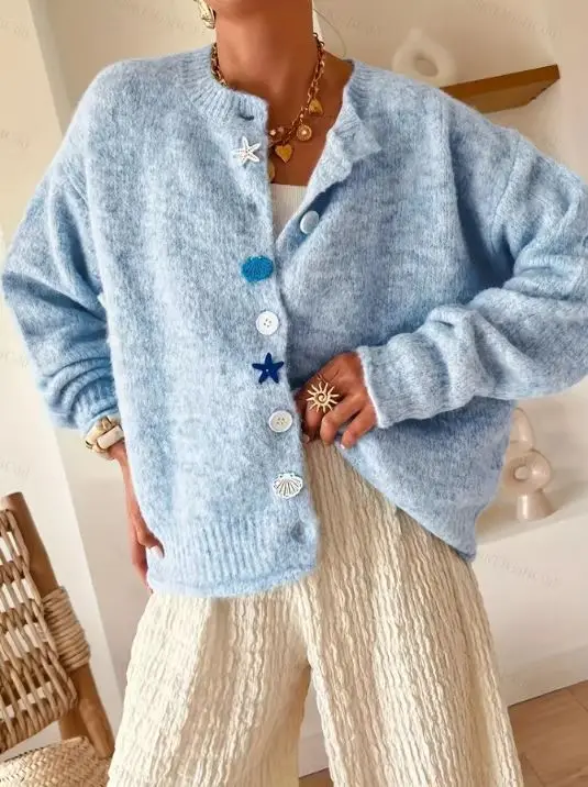 レディース エレガント カジュアル ニット カーディガン シェル スター ボタン 秋冬 暖かい 毛皮のような アウター ホリデー 多用途 長袖 トップス