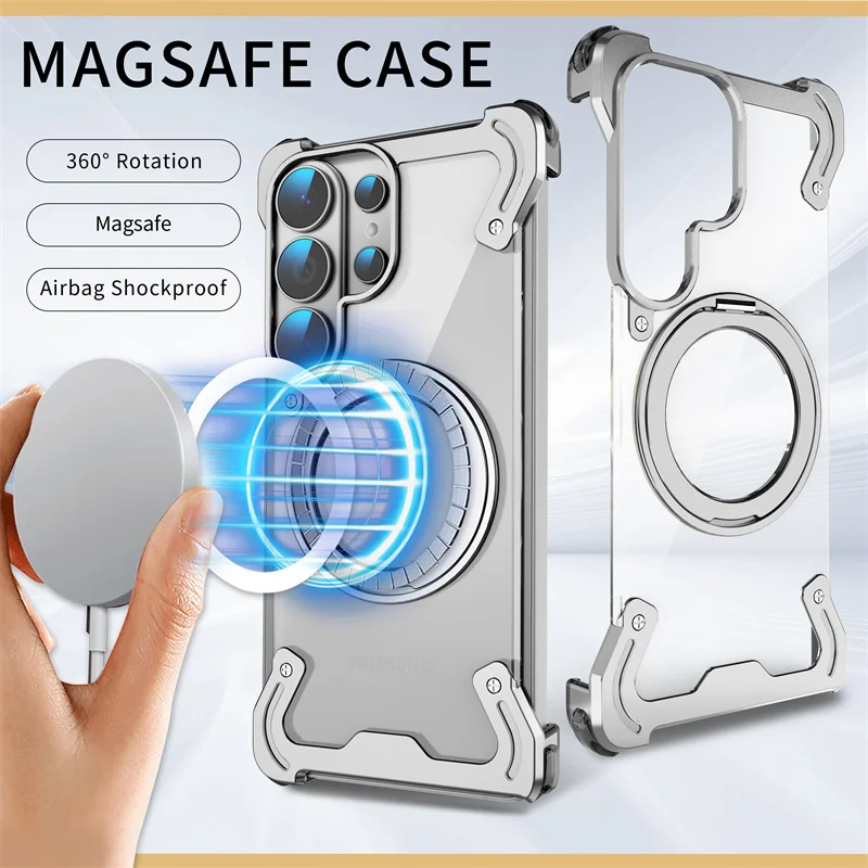Przezroczyste, aluminiowe, bezramkowe etui na Samsung Galaxy S24 S25 S26 Ultra z obsługą Magsafe 360 ° Obrotowa Magnetyczna Osłona Ochronna Przed Wstrząsami — zdjęcie produktu 2