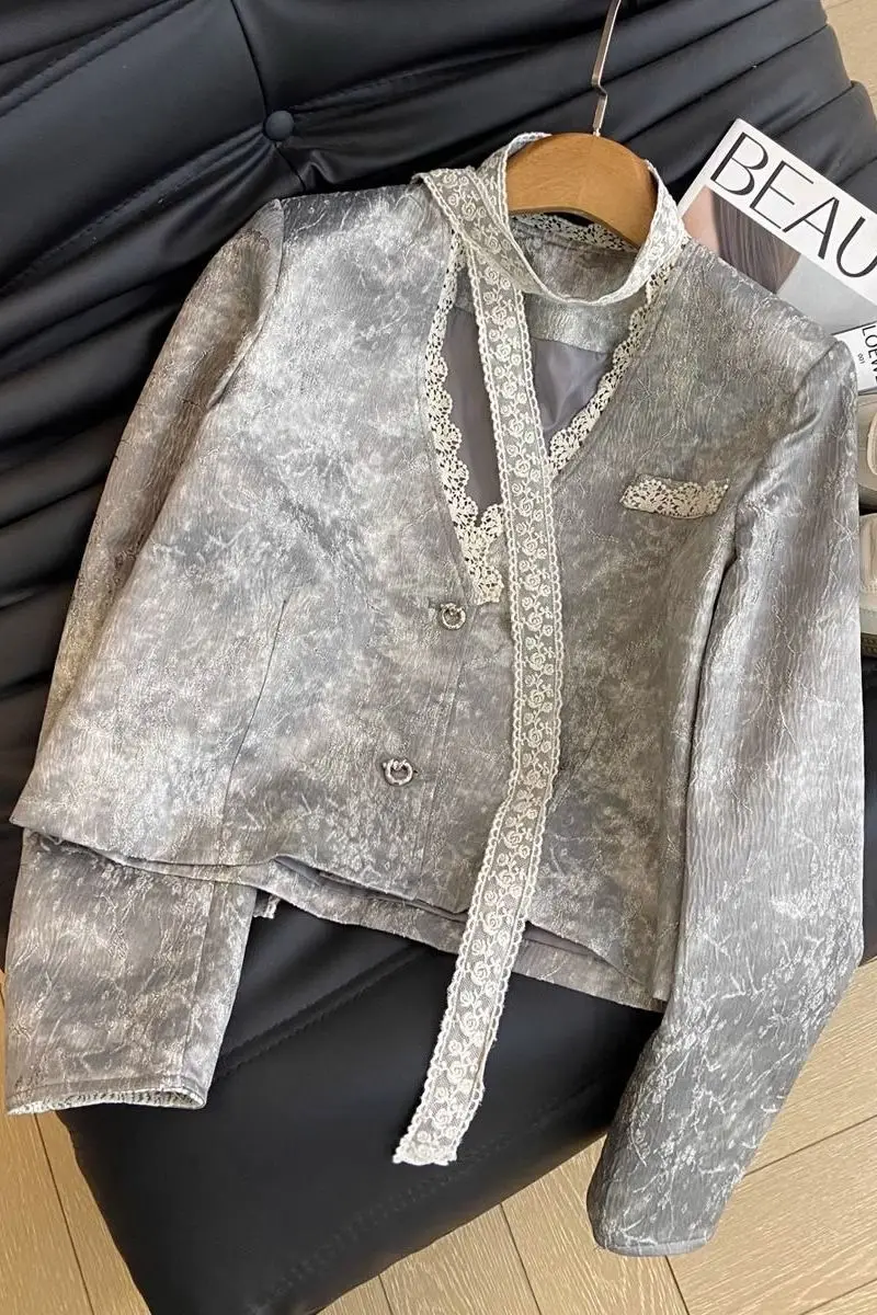 

2025 New Women's V-neck Lace Blazer Short Ribbon Trim Elegant Spring and Autumn Designer Jackets Top Outerwear Female Clothing