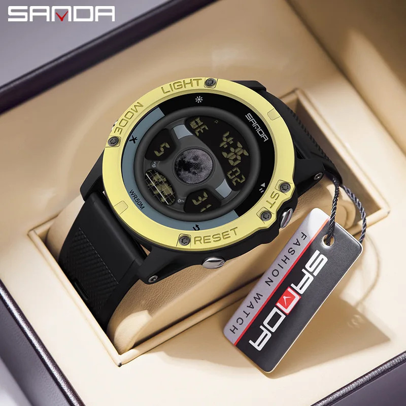 นาฬิกาอิเล็กทรอนิกส์ผู้ชาย SANDA 9024 หน้าปัดลายวงล้อดาว โปร่งแสง เรืองแสง ตั้งปลุก กันน้ำ 50 เมตร นาฬิกาสปอร์ตสำหรับนักเรียน