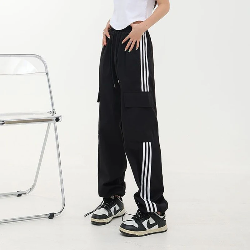 Gidyq Streetwear Women Stripe Cargo Pants American Style Fashion Patchwork Loose Sweatpants Y2K Female Hip Hop Wide Legs Pants